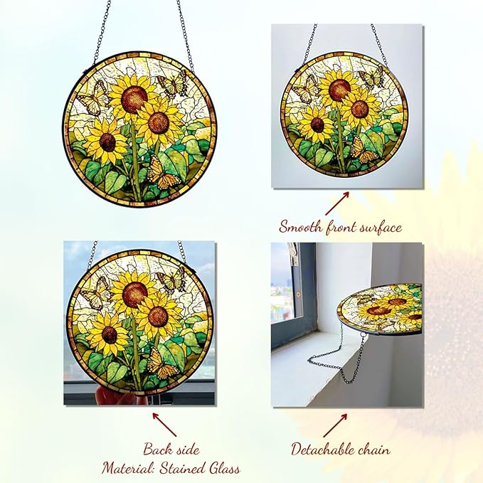 GENANY Sunflowers Glass Window Hanging, Spring Sun Catcher with Metal Chain and Hook, Romantic Gifts for Women Friends Family, Garden Decor, Housewarming Gifts, Outdoor Decor