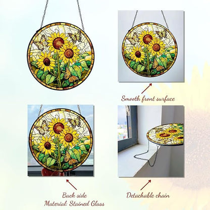 GENANY Sunflowers Glass Window Hanging, Spring Sun Catcher with Metal Chain and Hook, Romantic Gifts for Women Friends Family, Garden Decor, Housewarming Gifts, Outdoor Decor