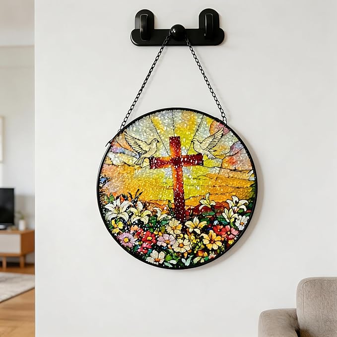Stained Glass Window Hanging, 7.8 in Cross White Dove Suncatcher, Stained Glass Home Decor, Decorative Ornament Boho Wall Art, Ideal Gift for Mom Grandma Religious Christian Families