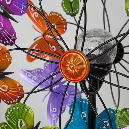Bits and Pieces - LED Butterfly Solar Wind Spinner-Solar Powered Glass Ball Emits Color-Changing Light - Made of Metal and Steel