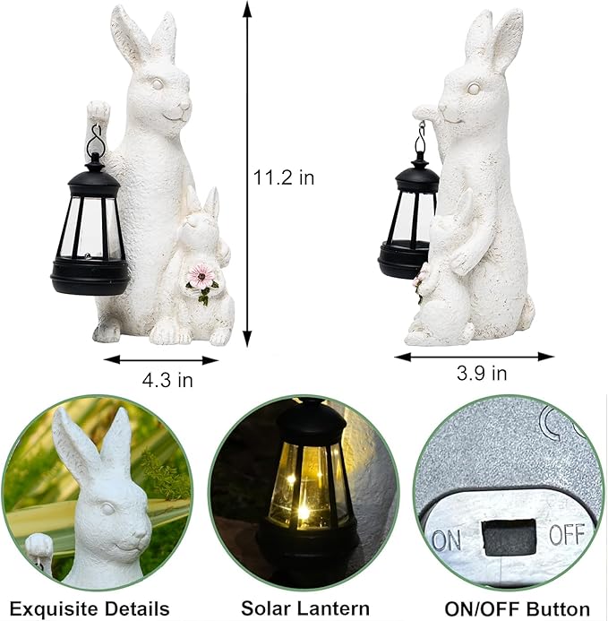 Solar Outdoor Statues Bunny Decor, Garden Sculptures with LED Lights Rabbit Figurines Decorations for Patio Yard Lawn Ornaments Balcony Gifts for Mother's Day Easter