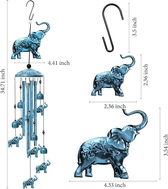 Elephant Wind Chimes for Outside, 35" Decorative Wind Chimes Navy Blue Elephant Gifts for Women, Memorial Windchimes Outdoors with S Hook for Patio Garden Decor, Birthday Gifts for Mom Grandma