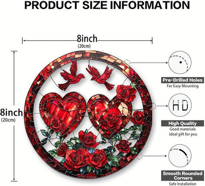 Valentine Heart Suncatcher Ornament Red Birds Rose Designs Pattern Window Hanging Suncatchers Full Cover Stained Glass for Garden Room Decor Valentine's Romantic Ornaments for Wife Gift