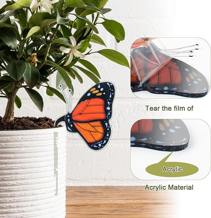 Monarch Butterfly Decorations for Pots, Acrylic Suncatcher Flower Pot Decoration Colorful Butterfly Garden Yard Decor for Spring Home Indoor Outdoor Decor Village Style, Gifts for Women