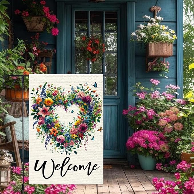 Welcome Spring Summer Garden Flag 12x18 Inch Colorful Floral Love Hearts Garden Flags Double Sided Small Burlap Birds Flowers Butterflies Outdoor Decor Patio Yard Outside Decorations