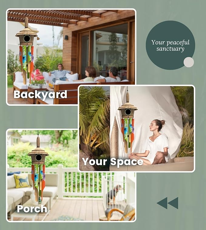 Nalulu House Bamboo Wind Chimes - Outside Outdoor Wooden Windchimes with Birdhouse, Handcrafted with Calming Deep Tones, Perfect Home Decor or Gift for Him and Her