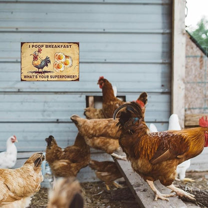 Chicken-Sign Metal-Sign Wall-Art Décor-Yard, Poop Breakfast Superpower, Farm Plaque Garden Sign Outdoor Coop Décor for Home Fence 8 X 12 Inches