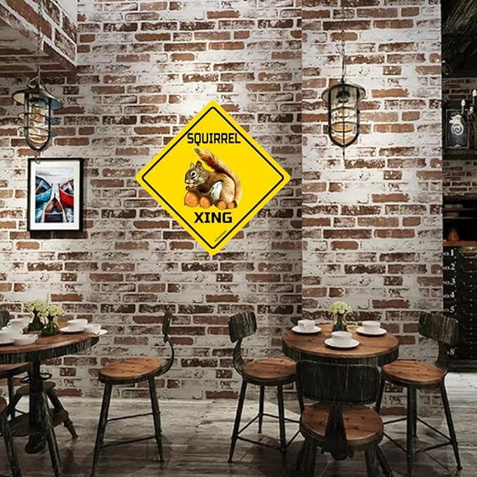 SQUIRREL Xing Crossing Sign Funny Novelty Metal Tin Sign for Bar Club Country Home Coffee Shop Indoor& Outdoor Decor Yellow Street Sign 12X12inch