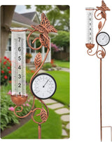 Butterfly Rain Gauge Garden Decor, 32" Thermometer Patio Decor, 7" Capacity Rain Gauge Replacement Tube Glass, Outdoor Temperature Patio Decor