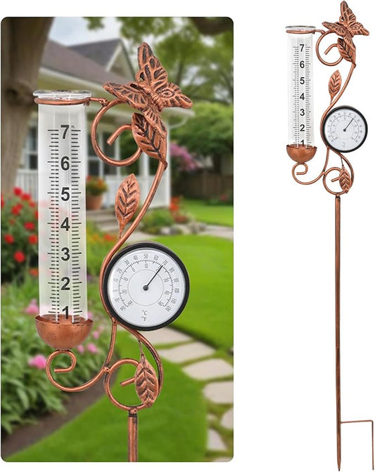Butterfly Rain Gauge Garden Decor, 32" Thermometer Patio Decor, 7" Capacity Rain Gauge Replacement Tube Glass, Outdoor Temperature Patio Decor
