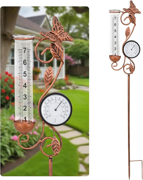 Butterfly Rain Gauge Garden Decor, 32" Thermometer Patio Decor, 7" Capacity Rain Gauge Replacement Tube Glass, Outdoor Temperature Patio Decor