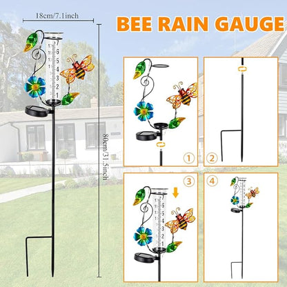 Rain Gauge Outdoor,Decorative Bee Rain Solar Powered Rain Gauges with 7” Glass Tube Water Rain Measure Gauge for Yard Patio Lawn Decor