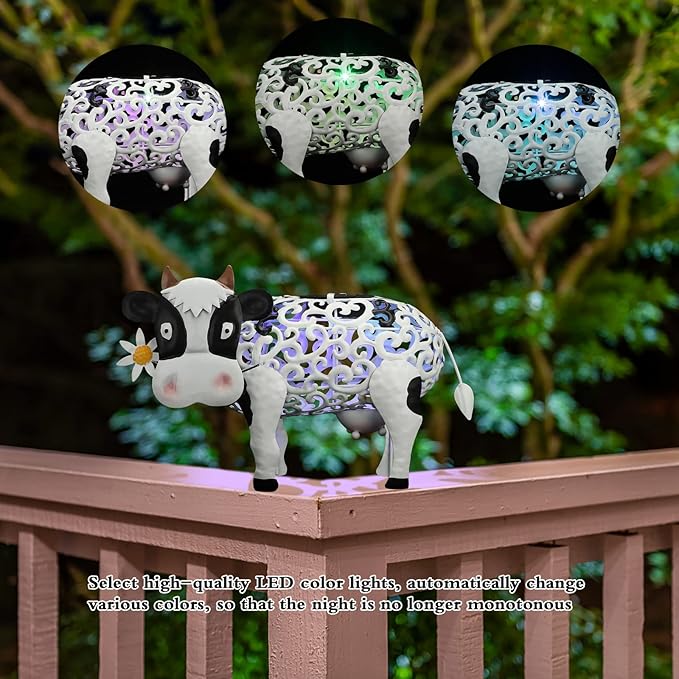 Daisy Cow Garden Solar Light Outdoor Decor, Color Changing Hollowed-Out Daisy Cow Garden Figurine Metal Decorative Cow Lamp for Outdoor Patio Yard Art Decoration