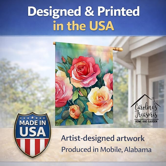Caroline's Treasures Oklahoma Roses in Watercolor House Flag Large Porch Sleeve Pole Decorative Outside Yard Banner Artwork Wall Hanging, Polyester, House Size, Multicolor