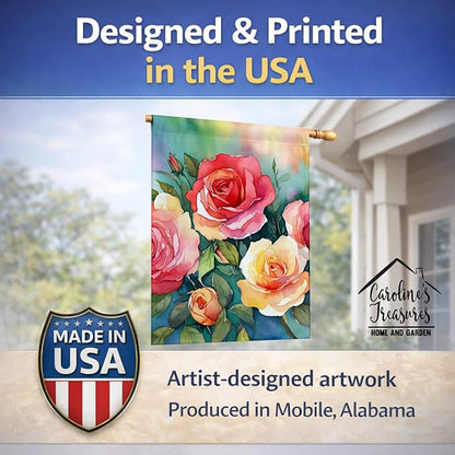 Caroline's Treasures Oklahoma Roses in Watercolor House Flag Large Porch Sleeve Pole Decorative Outside Yard Banner Artwork Wall Hanging, Polyester, House Size, Multicolor