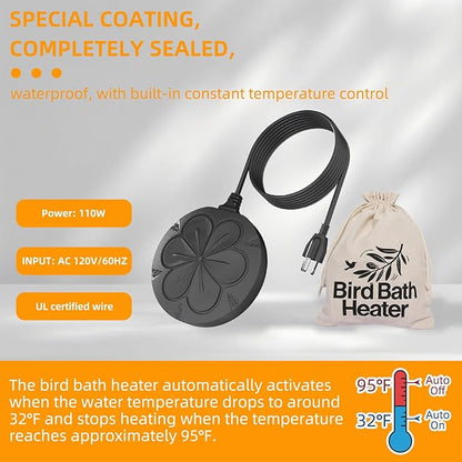 110W Bird Bath Heater for Outdoors in Winter–Submersible Pond Deicer,Cast Aluminum Thermostatic Chicken Water Heater