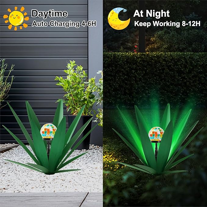 TOMBABY Solar Rustic Garden Style Metal Agave Plants Outdoor Patio, Home Decor Hand-Painted Metal Agave Garden Patio Statues, Suitable for Desert Areas Outdoor Lawn Decorations (2 Solar Green)