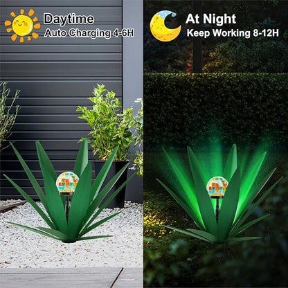 TOMBABY Solar Rustic Garden Style Metal Agave Plants Outdoor Patio, Home Decor Hand-Painted Metal Agave Garden Patio Statues, Suitable for Desert Areas Outdoor Lawn Decorations (2 Solar Green)