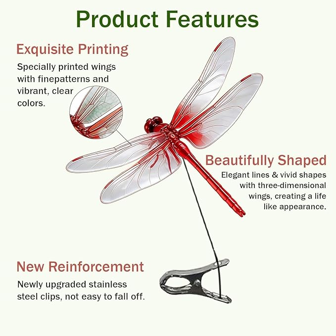 Upgrade 3D Simulation Fake Dragonfly Hat Clip to Keep Insects Away, 2026 New Plastic Dragonfly Garden Hummingbird Stakes with Sticks, Metal Garden Stakes Decorative Yard Ornaments Hat Golf Moving (4)