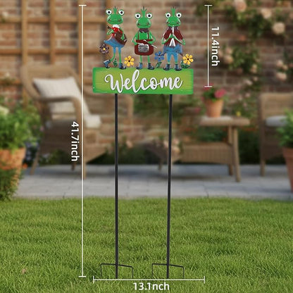 Frog Garden Stakes Decorative Large 41.7inch with Welcome Yard Sign, Whimsical Musical Frogs for Garden Decor Metal Yard Art Outdoor