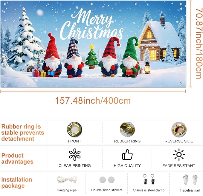 IVN Christmas Garage Door Cover Decoration 13x6ft Gnomes with Snowy Cottage and Pine Trees Merry Christmas Garage Door Banner Home Door Front Yard Decor for Xmas Eve Holiday Outdoor