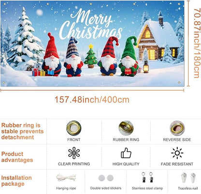 IVN Christmas Garage Door Cover Decoration 13x6ft Gnomes with Snowy Cottage and Pine Trees Merry Christmas Garage Door Banner Home Door Front Yard Decor for Xmas Eve Holiday Outdoor