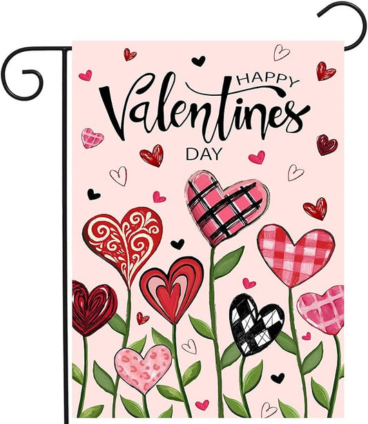 Happy Valentines Day Garden Flag Love Heart Floral Banner 12x18 Inch Double Sided for Outside Spring Holiday Anniversary Yard Decorative