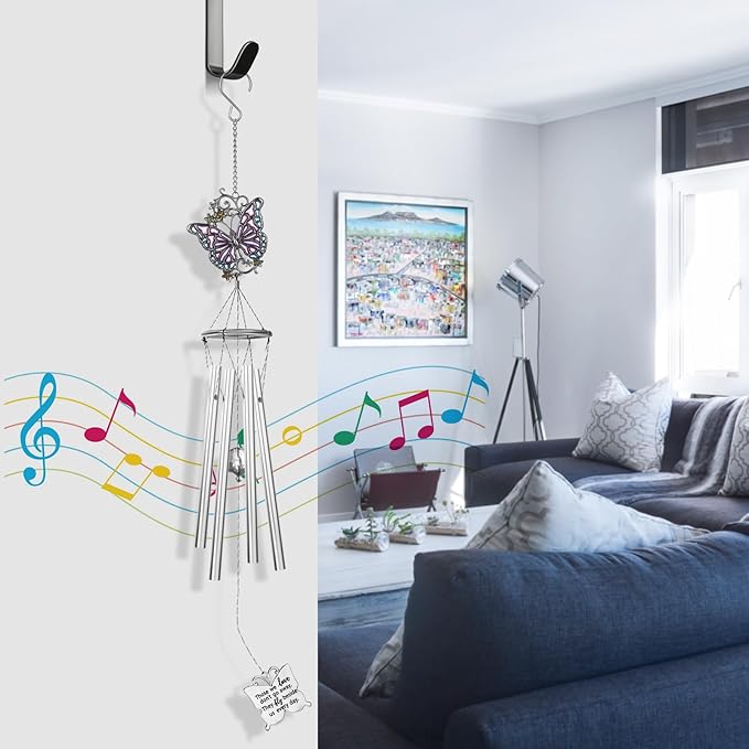 Outdoors Butterfly Wind Chimes Sympathy Memorial for Loss of Loved One - Soothing Melodic Tones Aluminum Chime Great as a Gift for Your Patio Porch Garden and Backyard (22.2" Silvery)