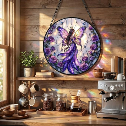 Fairy Stained Glass Suncather for Window Hanging with Butterfly Wing, 6.3'' Purple Fairy Ornament Gift for Women, Whimsical Wall Art Home Decor Gifts for Mom, Grandma (Purple Fairy, 6.3'')