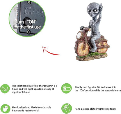 12.99 Inches Solar - Powered Alien Motorcycle Outdoor Decorative Statue. Ideal for adorning courtyards, lawns, and Balconies. Unique Housewarming Gift for Yards