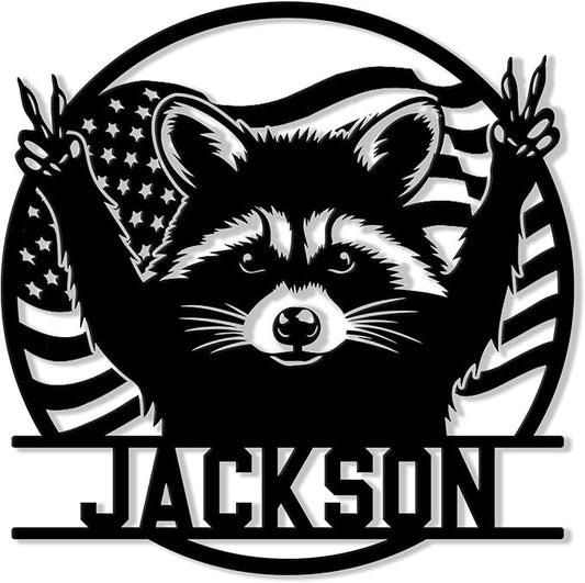 Personalized Raccoon Metal Sign, Raccoon Hanging Sign Outdoor Porch Welcome, Custom Name, Wall Fence Yard Patio Home Office Decor Gift Birthday