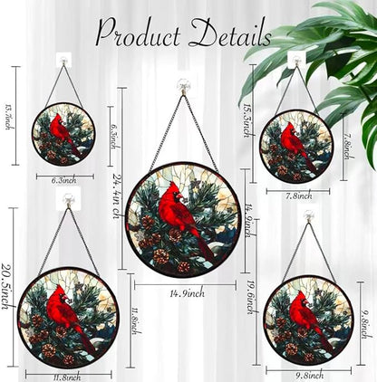 Funoasis Stained Glass Window Hanging 6.3 Inches Suncatcher - A Red Bird Stands On A Pine Tree Covered in Pinecones Ornaments Sun Catcher Home Decor Women Birthday