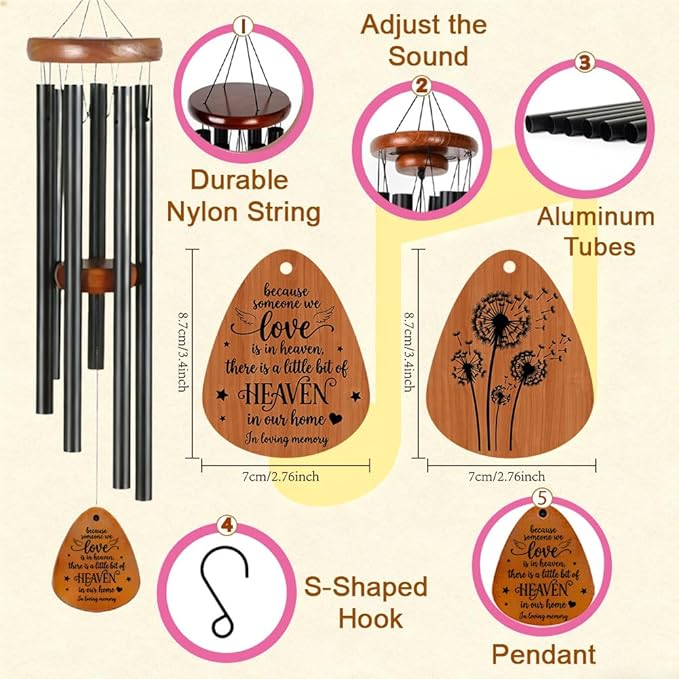 Memorial Wind Chimes, Bereavement Wooden Wind Chimes in Memory of Loss of Love One Sympathy Gifts for Outdoor Remembrance