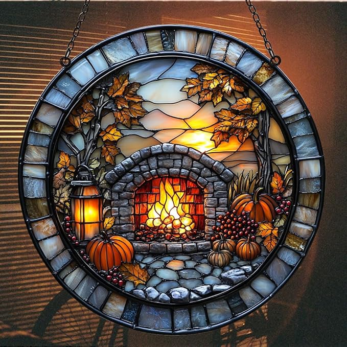 Cozy Autumn Fireplace Acrylic Suncatcher Stained Glass Effect Window Car Hanging Christmas Ornament Indoor Outdoor Decor Garden Sun Catcher Panel for Halloween Lover for Women Mom Grandma