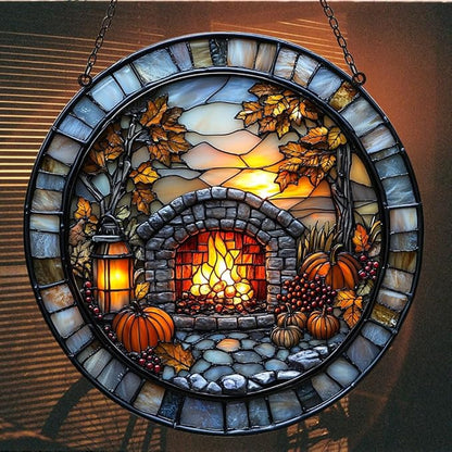 Cozy Autumn Fireplace Acrylic Suncatcher Stained Glass Effect Window Car Hanging Christmas Ornament Indoor Outdoor Decor Garden Sun Catcher Panel for Halloween Lover for Women Mom Grandma