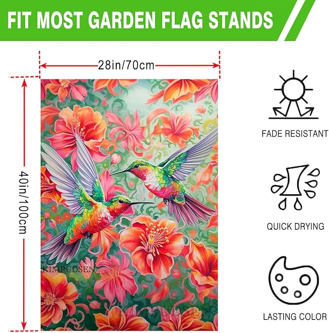 Vibrant Hummingbird Floral House Flag 28x40 Inch Double Sided Spring Summer Outdoor Yard Flag for Patio Porch Lawn Farmhouse