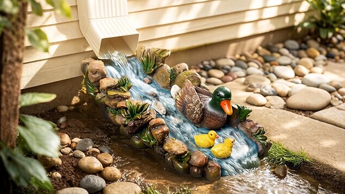 Mallard Duck Statue Splash Block Gutter Downspout Extensions Garden Decor, Decorative of Gutters Downspout Rain Concrete Pond Splash Block, Duck Family Gutter Downspout Accessory, 13.4" L x 6.3" W