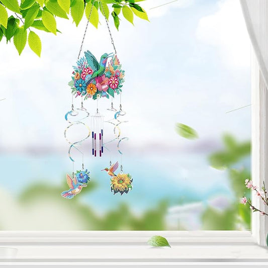 DIY Wind Chime Pendant Spring 3D Diamond Art Painting Hanging Ornament Double Sided Diamond Suncatchers for Window Home Backyard Garden Wall Door Decor-Hummingbird
