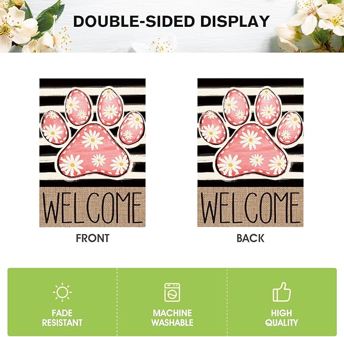 AVOIN colorlife Pink Paw Print Spring House Flag 28x40 Inch Double Sided Outside, Daisy Floral Welcome Stripes Yard Outdoor Flag