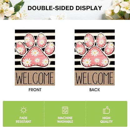 AVOIN colorlife Pink Paw Print Spring House Flag 28x40 Inch Double Sided Outside, Daisy Floral Welcome Stripes Yard Outdoor Flag