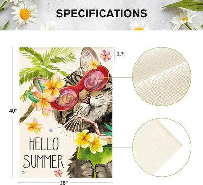 AVOIN colorlife Hello Summer Floral Cat House Flag 28x40 Inch Double Sided Outside, Party Holiday Burlap Yard Outdoor Decoration