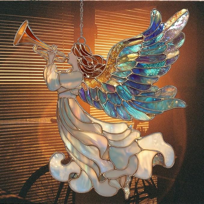 Whistle Angel Mosaic Style Tiffany Effect Acrylic Suncatcher Stained Glass Effect Window Car Hanging Christmas Ornament Indoor Outdoor Decor Garden Sun Catcher Panel for Women Mom Grandma