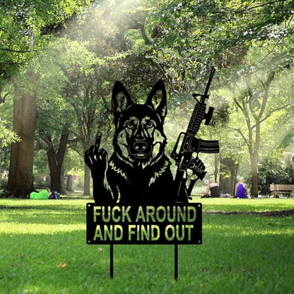 F Around & Find Out Dog Sentry Metal Dogs Silhouette Garden Stake with Middle Finger &Weapon Sign, FAFO Security Sign Middle Finger Dog Statue Decor for Outdoor Yard Patio (German Shepherd, 6 * 12")