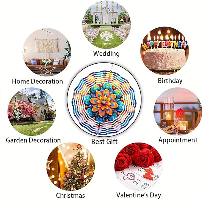 10 Inch Multicolor Mandala Wind Spinner, 3D Metal Hanging Kinetic Wind Rustproof Sculpture Gift for Garden Yard Balcony Window Porch Outdoor Decor, Women Mom Mothers Day