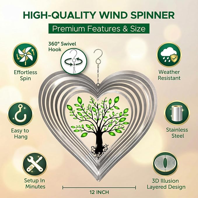 ISEO Silver Heart Wind Spinner for Yard and Garden, Hanging Outdoor Decor, Porch and Patio Decorations, Weather Resistant, 12”