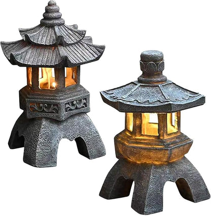 Naisicore Solar Pagoda Statues, 10.2inch Resin Japanese Pagoda Sculpture with Solar Lantern, Zen Garden Waterproof Landscape Decorative Ornament for Patio Porch Yard Art Decor (Style 1)