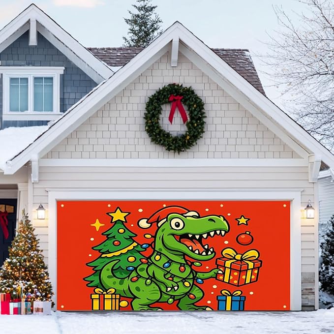 HOMETITUTE Christmas Garage Door Banner 13x6ft Dinosaur T-Rex Theme Backdrop Seasonal Christmas Decor Winter Door Cover Banners for Outside Garage Wall Covering for Party Garage Decorations