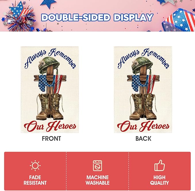 AVOIN colorlife Memorial Day Always Remember Our Heroes Garden Flag 12x18 Inch Double Sided, Military Soldiers Boots Patriotic Veteran Yard Outdoor Decoration