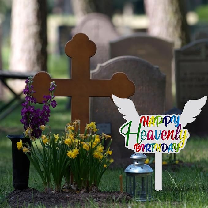 AceOrbit 13.8 X 7.9 Inches Large Happy Birthday in Heaven Decorations Cemetery Decorations for Grave Metal Memorial Remembrance Stake, Grave Markers for Human Cemetery Garden Yard Site Outdoor(White)