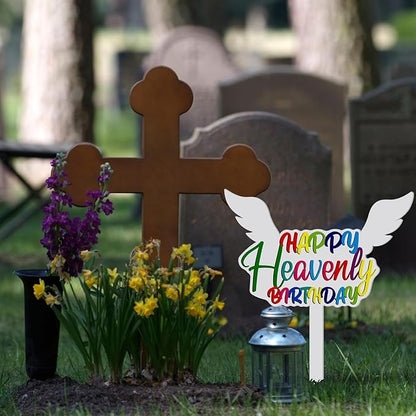 AceOrbit 13.8 X 7.9 Inches Large Happy Birthday in Heaven Decorations Cemetery Decorations for Grave Metal Memorial Remembrance Stake, Grave Markers for Human Cemetery Garden Yard Site Outdoor(White)